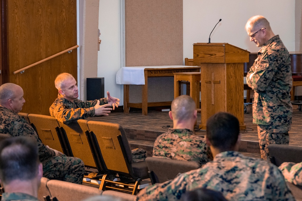 The Chaplain of the Marine Corps speaks to 3rd MAW Marines