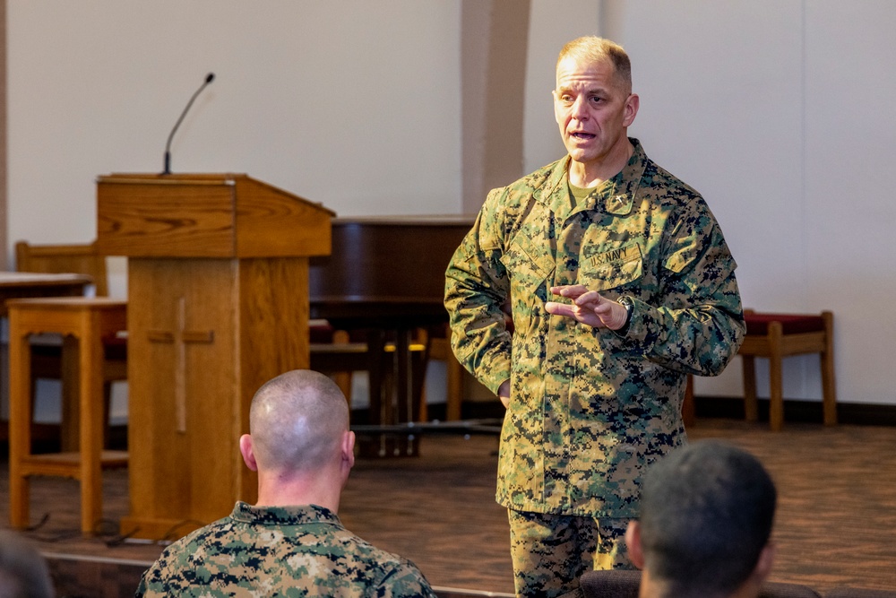 The Chaplain of the Marine Corps speaks to 3rd MAW Marines