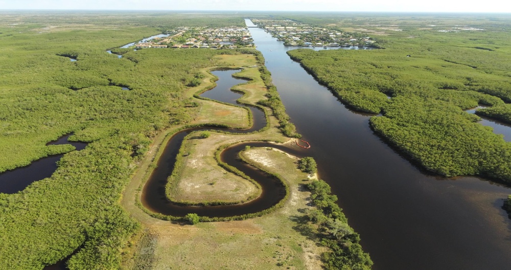 Aerial photo of the Manatee Mitigation Feature along the Faka Union Canal