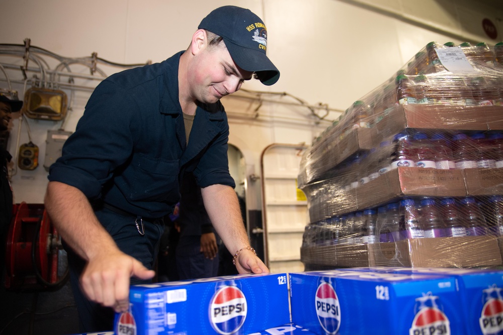 USS Ronald Reagan (CVN 76) Sailors resupply storerooms