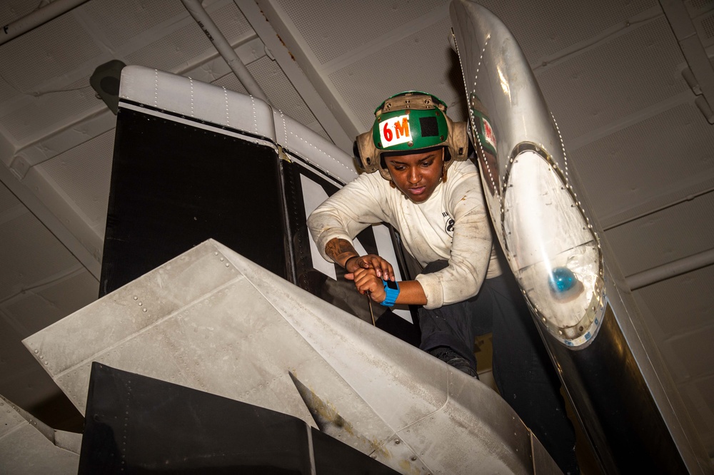 Aviation Structural Mechanic Installs a Panel on an E-2D Advanced Hawkeye Aboard USS Carl Vinson