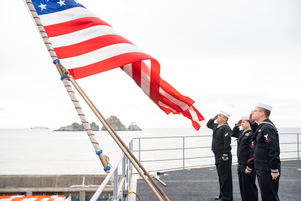 Emory S. Land Conducts Colors with Republic of Korea Navy Sailor