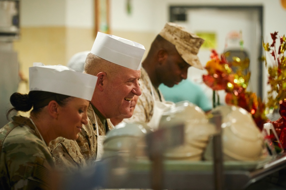 Deployed Marines Share Thanksgiving Table with Maj. Gen. Sofge and Sgt. Maj. McGinnis