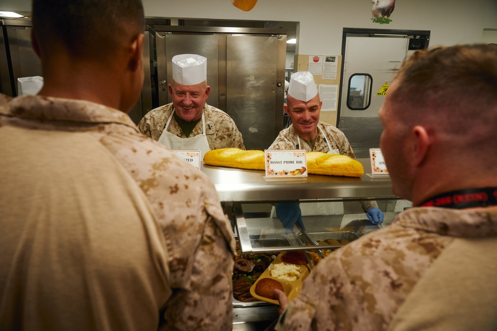 Deployed Marines Share Thanksgiving Table with Maj. Gen. Sofge and Sgt. Maj. McGinnis