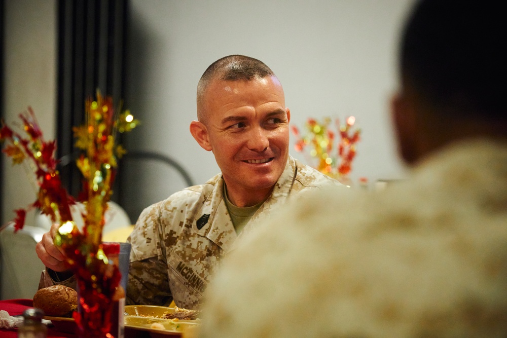 Deployed Marines Share Thanksgiving Table with Maj. Gen. Sofge and Sgt. Maj. McGinnis