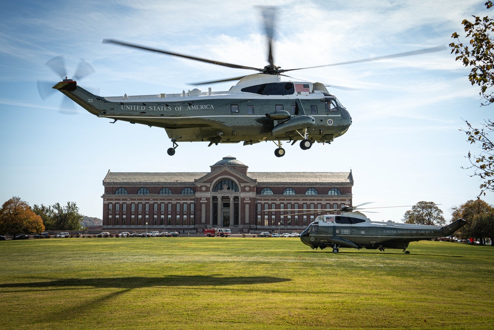 President Joe Biden lands at Fort McNair