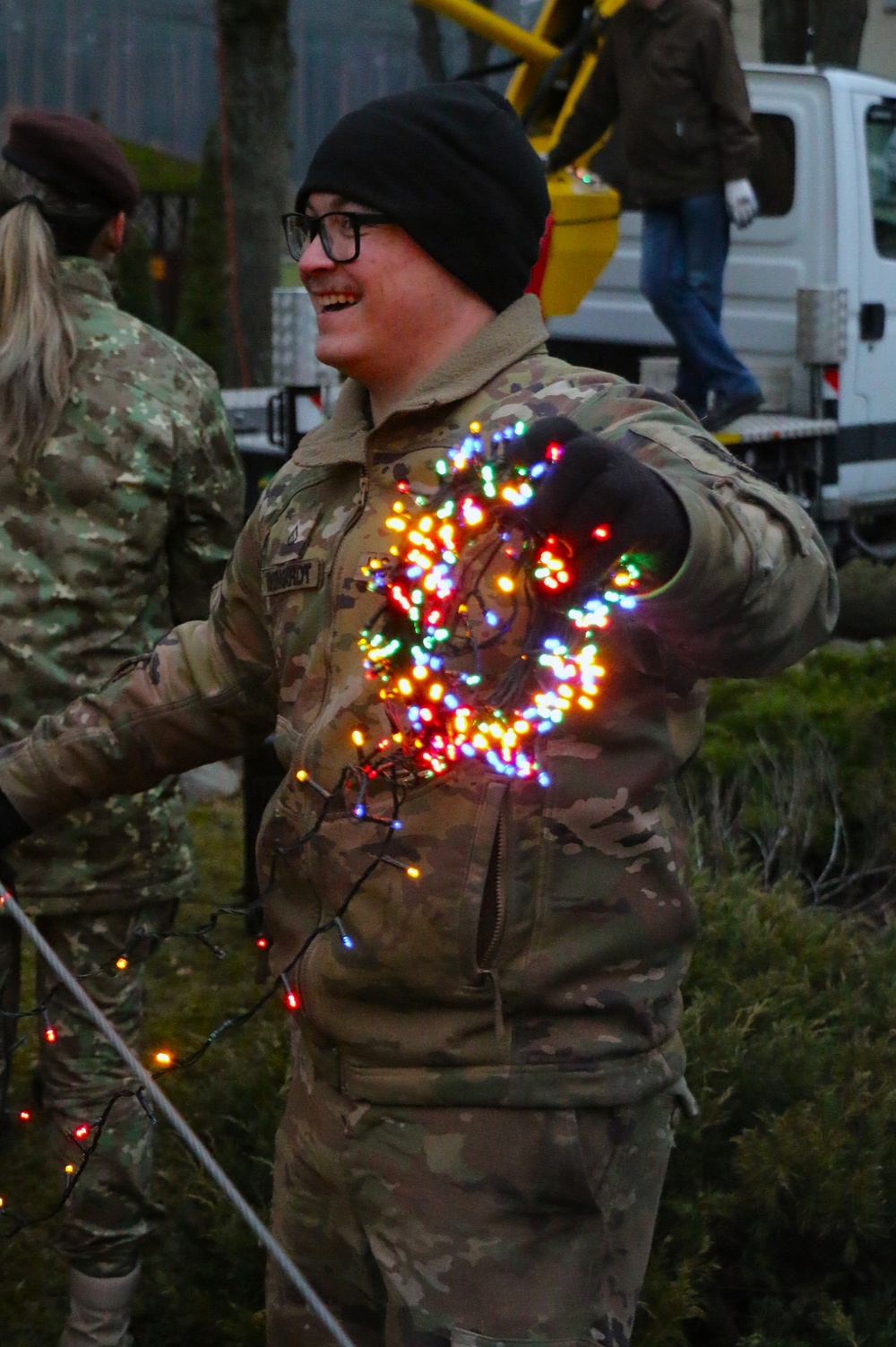 Forward Stationed Soldiers in Bemowo Piskie, Poland, decorate the base Christmas tree in celebration of the Holidays December 2, 2024