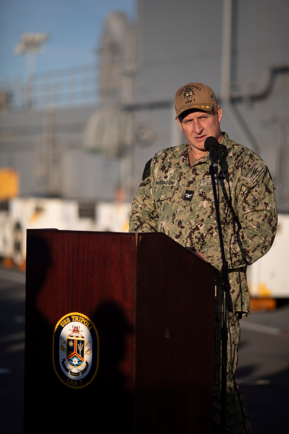 CO aboard Tripoli gives remarks following ceremony