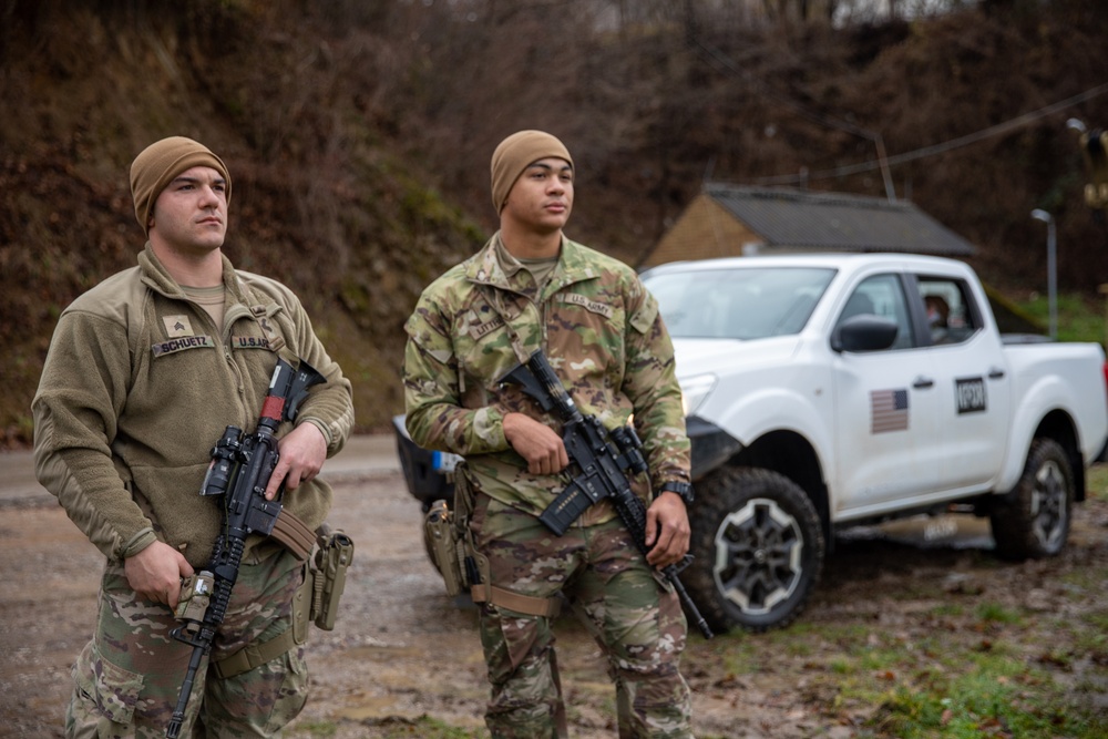 KFOR Soldiers conduct security patrols, maintaining a safe and secure environment