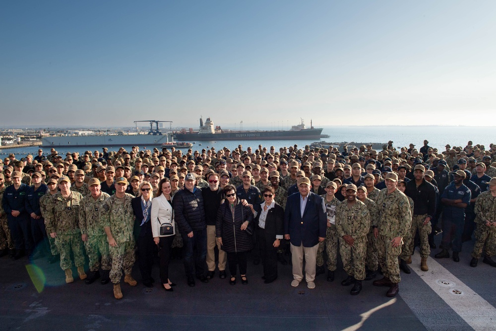 SECNAV holds all hands call aboard Boxer with former Governor Arnold