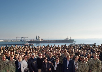 SECNAV holds all hands call aboard Boxer with former Governor Arnold Schwarzenegger