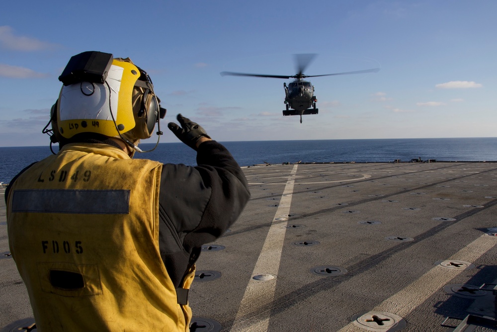 USS Harpers Ferry Conducts Flight Operations with Air Force Off the Coast of San Clemente Island