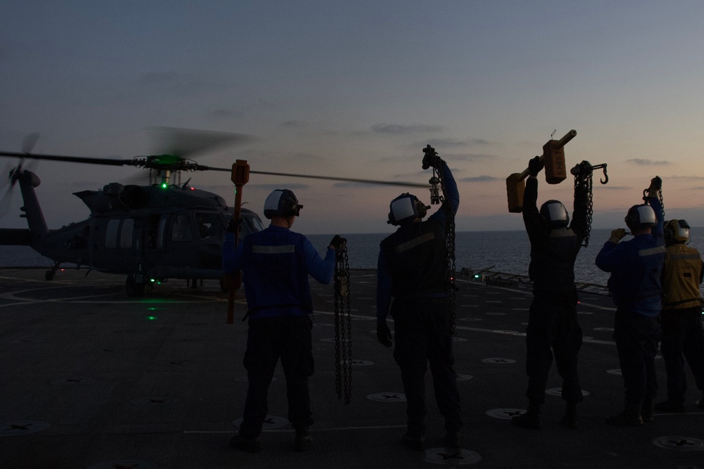 USS Harpers Ferry Conducts Flight Operations with Air Force Off the Coast of San Clemente Island