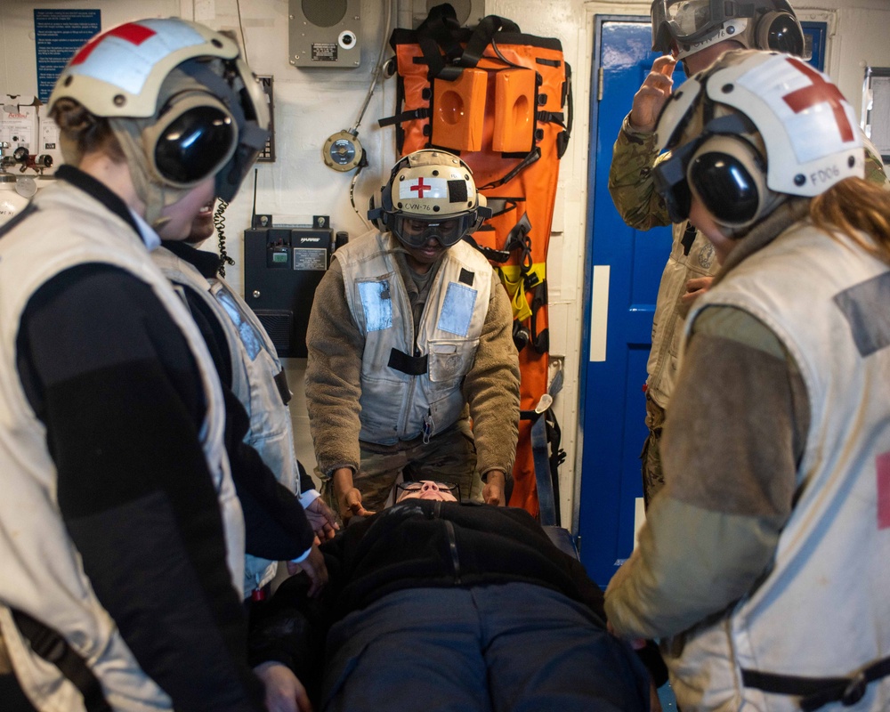 USS Ronald Reagan (CVN 76) conducts flight deck drills.