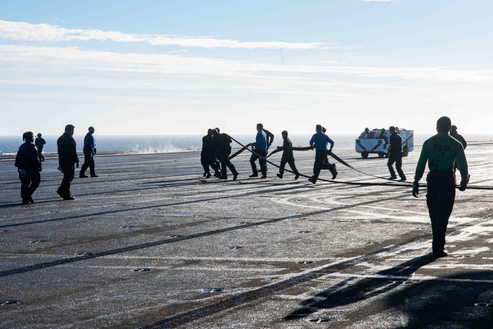 USS Ronald Reagan (CVN 76) conducts flight deck drills.