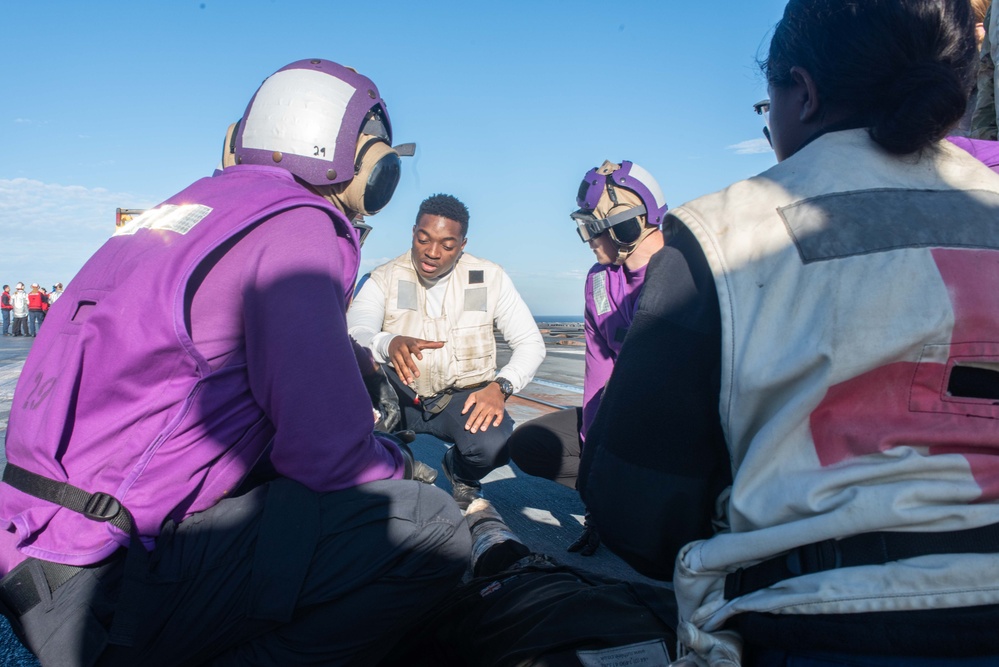 USS Ronald Reagan (CVN 76) conducts flight deck drills.