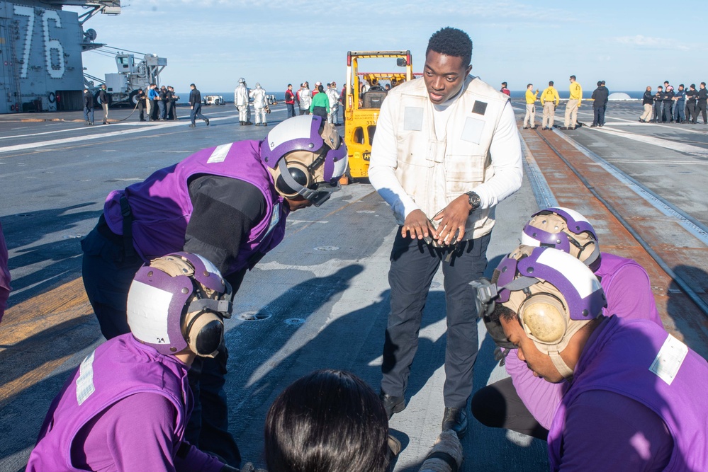 USS Ronald Reagan (CVN 76) conducts flight deck drills.