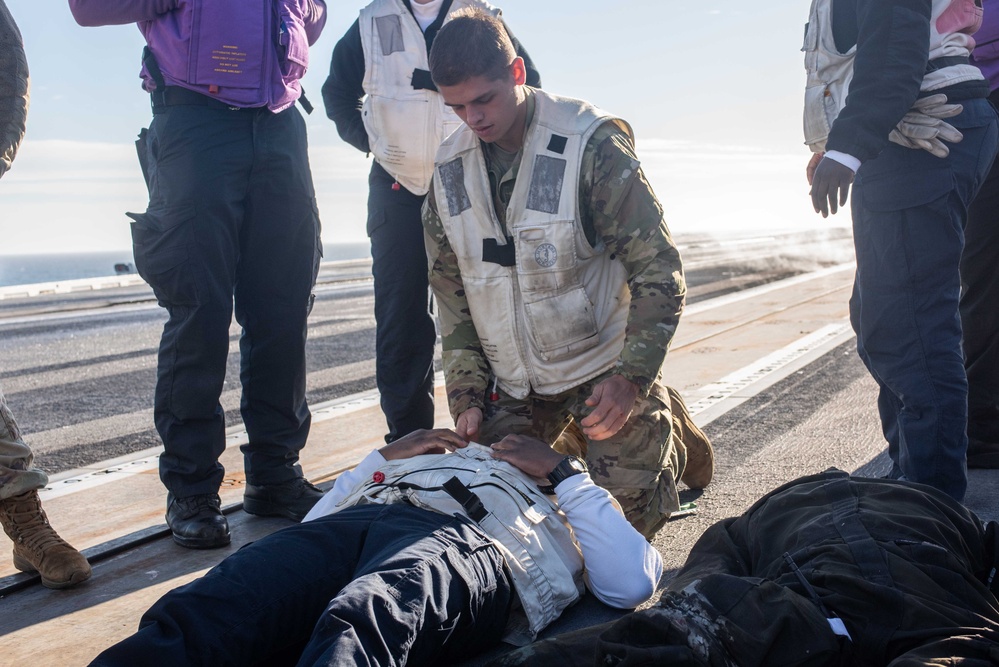 USS Ronald Reagan (CVN 76) conducts flight deck drills.