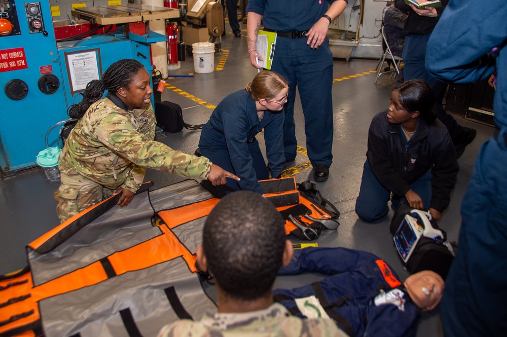 U.S. Army Soldiers assist with TCCC Training aboard USS Ronald Reagan (CVN76)