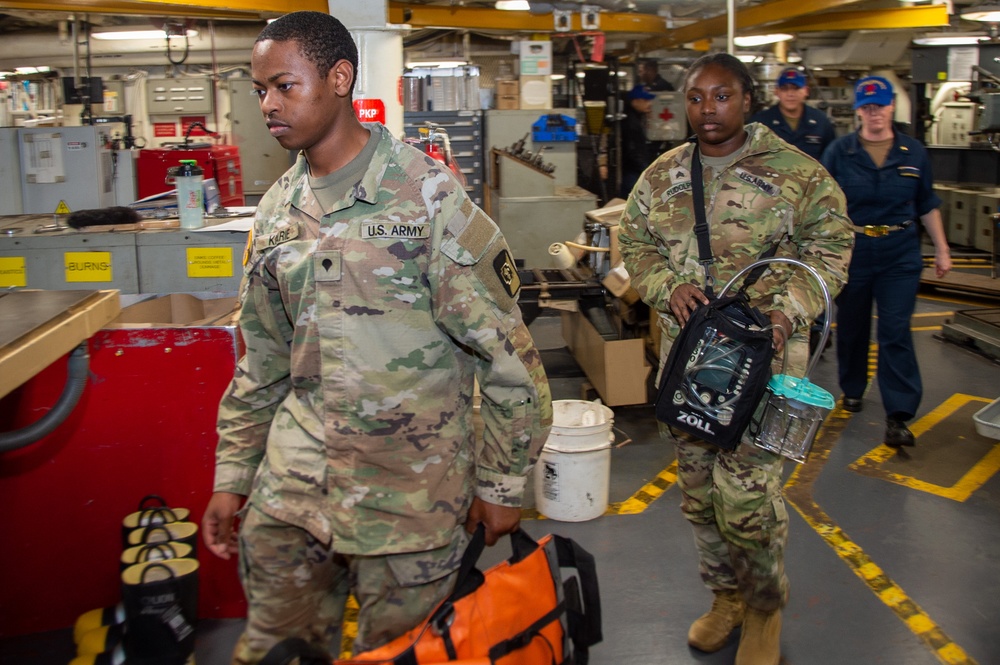 U.S. Army Soldiers assist with TCCC Training aboard USS Ronald Reagan (CVN76)