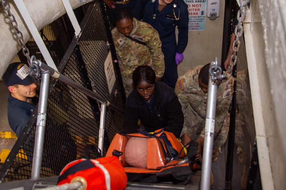 U.S. Army Soldiers assist with TCCC Training aboard USS Ronald Reagan (CVN76)