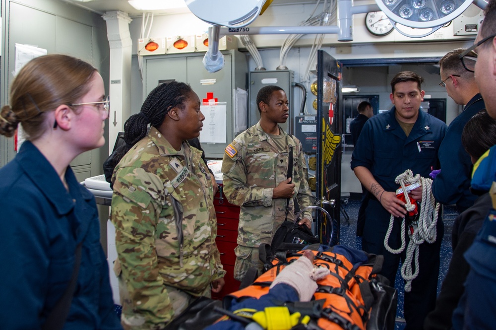 U.S. Army Soldiers assist with TCCC Training aboard USS Ronald Reagan (CVN76)