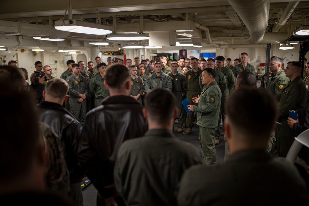 Tripoli’s XO Welcomes Marines from VMFA-211 Aboard the Ship