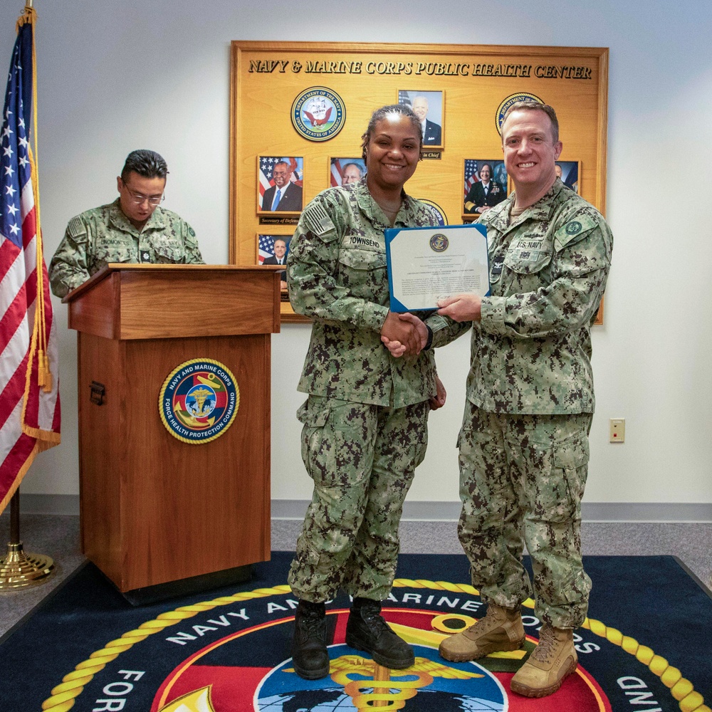 Navy and Marine Corps Force Health Protection Command (NMCFHPC) hosts an award ceremony for Lt. Cmdr. Niesha Townsend and Mrs. Jena Brunson