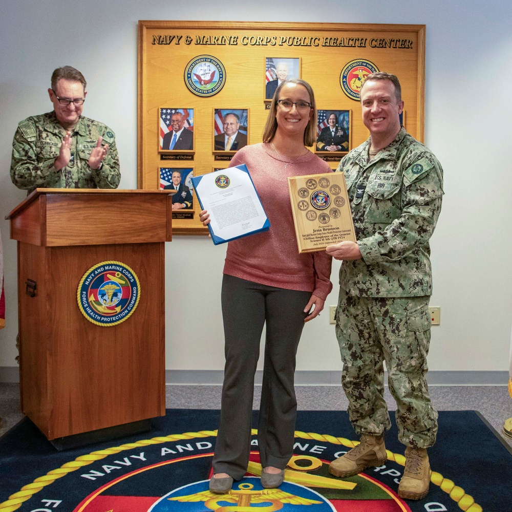 Navy and Marine Corps Force Health Protection Command (NMCFHPC) hosts an award ceremony for Lt. Cmdr. Niesha Townsend and Mrs. Jena Brunson