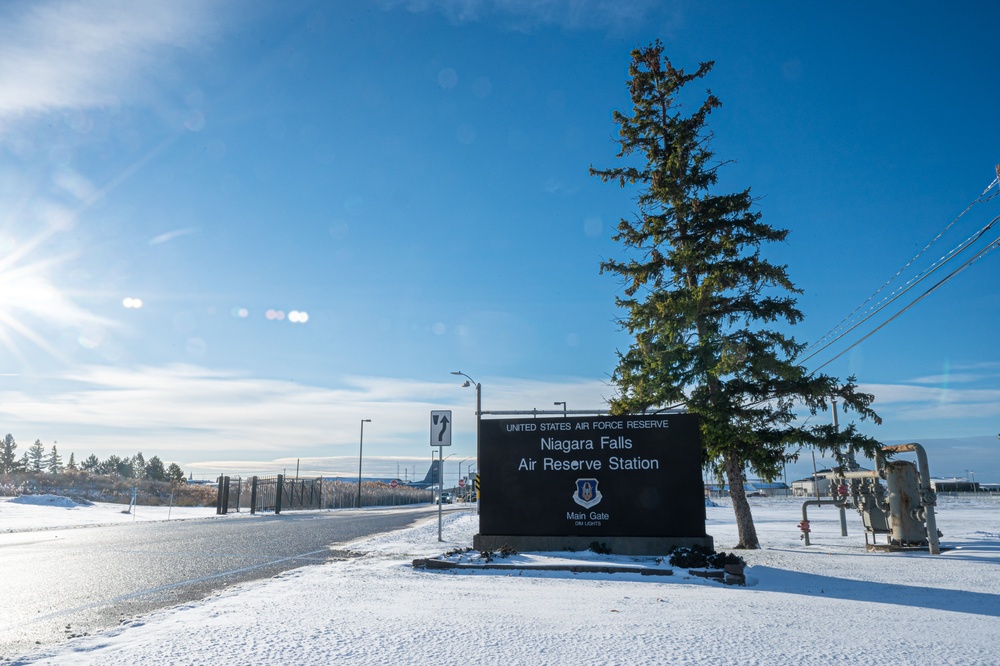 Snow at the entrance to Niagara Falls Air Reserve Station