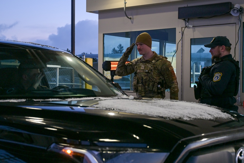 914th Security Forces Squadron Senior Airmen salutes officer