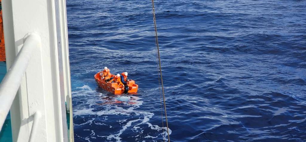 Coast Guard, tanker ship Orange Ocean rescue boater from vessel on fire sinking 420 miles north of Puerto Rico