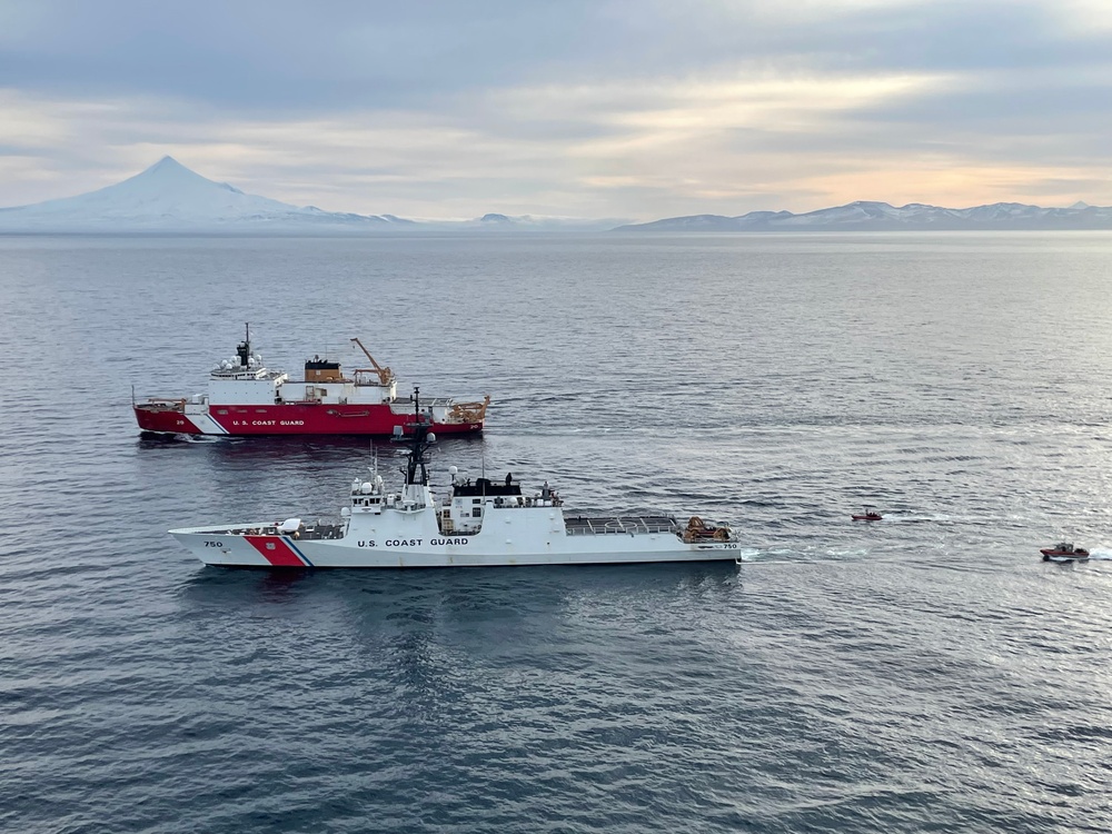 Coast Guard Cutters Bertholf and Healy conduct joint operations near Unimak Pass, Alaska