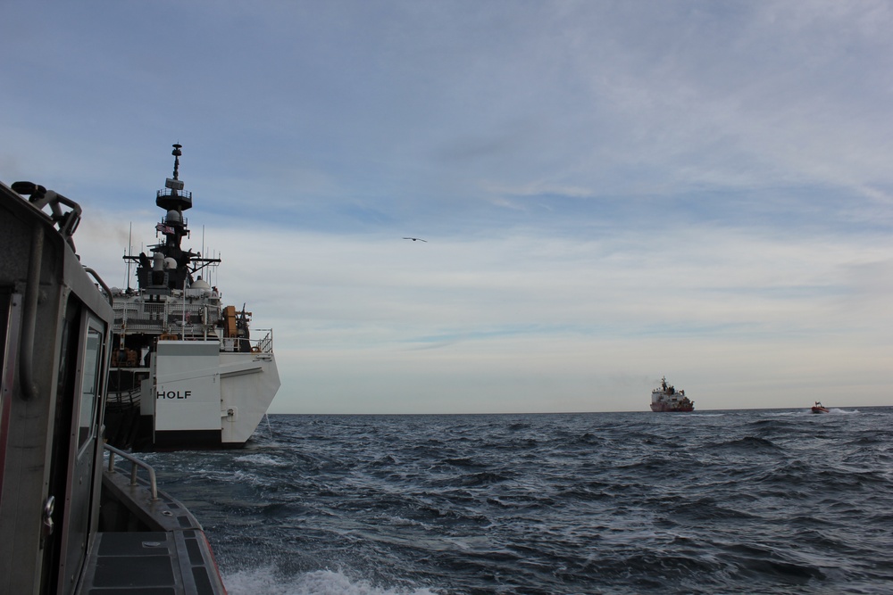 Coast Guard Cutters Bertholf and Healy conduct joint operations near Unimak Pass, Alaska