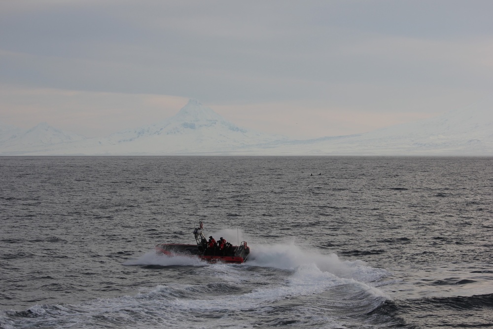 Coast Guard Cutters Bertholf and Healy conduct joint operations near Unimak Pass, Alaska