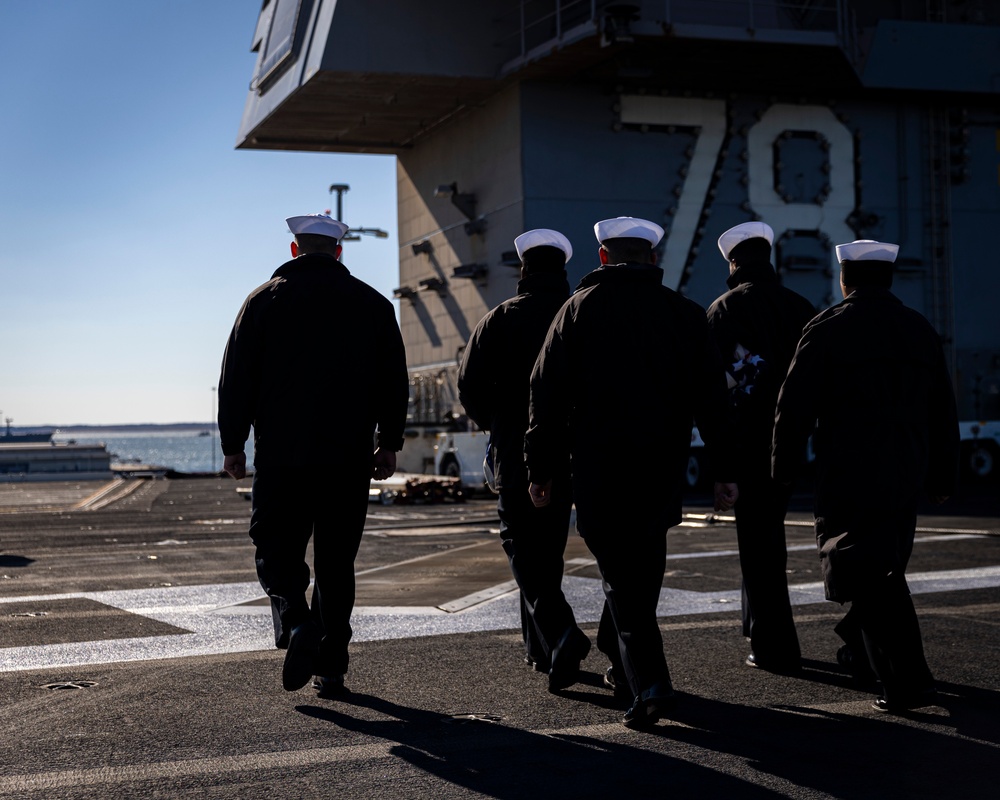 USS Gerald R. Ford (CVN 78) Sailors shift colors while underway