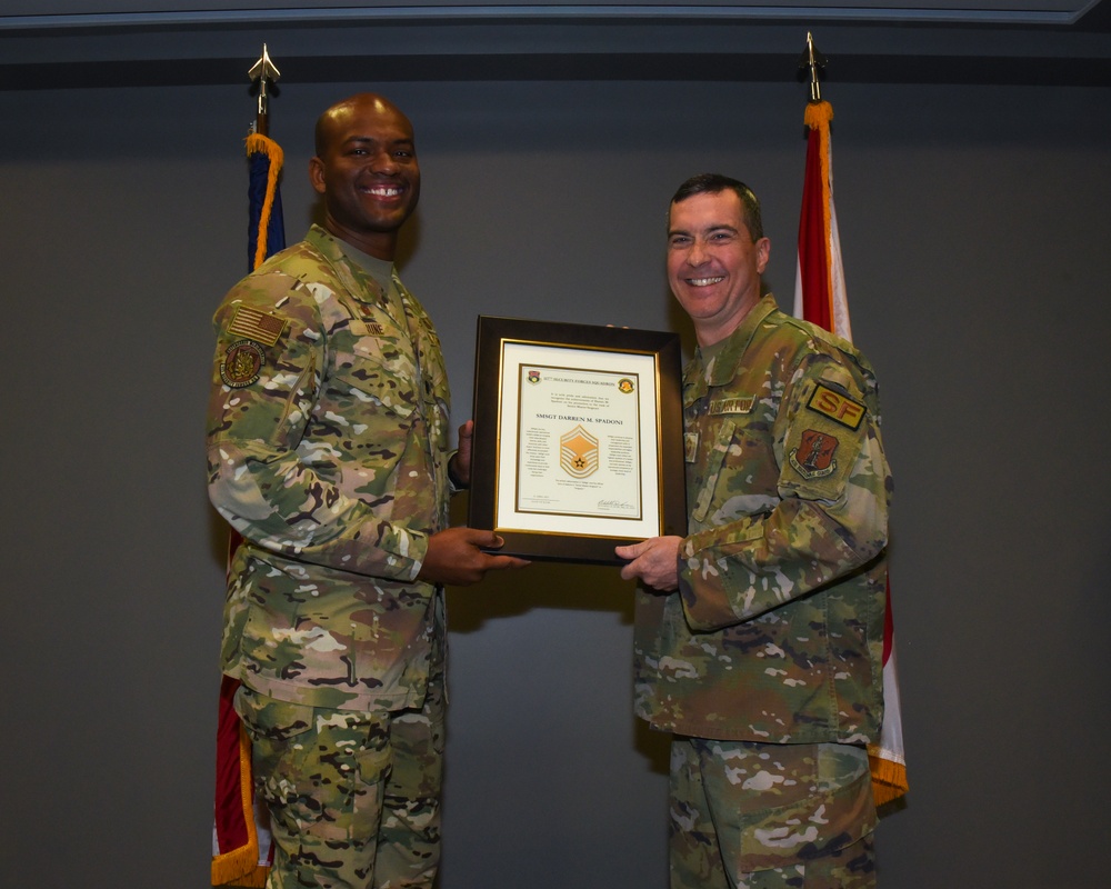 MSGT Spradoni is promoted in a ceremony