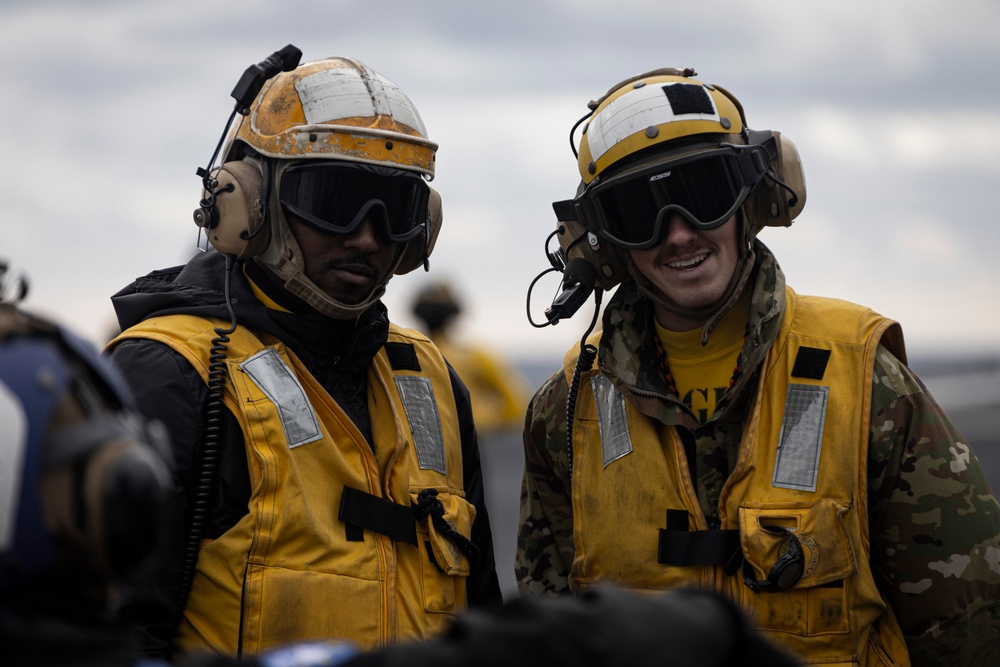 Air Department Sailors observe flight operations aboard USS Gerald R. Ford (CVN 78)