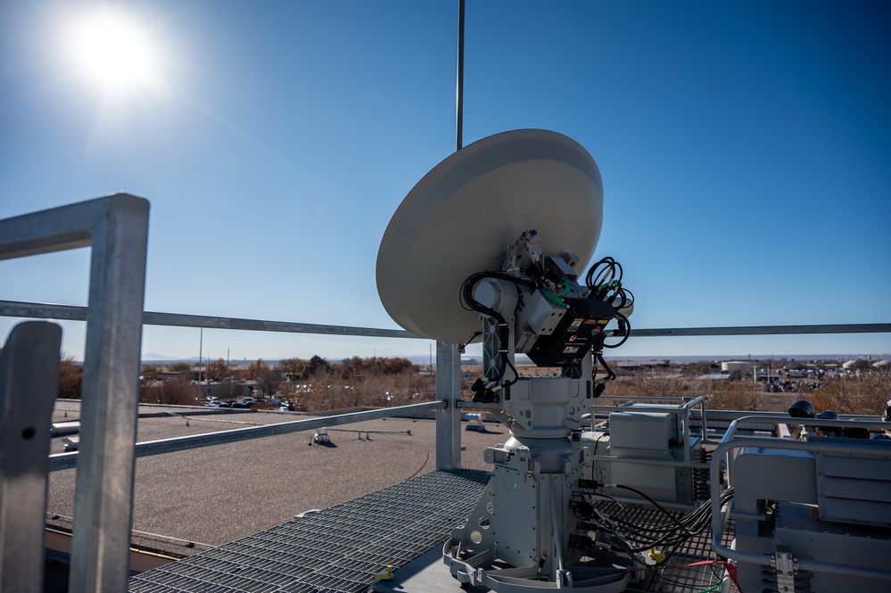 MILSTAR satellite sits atop trestle structure