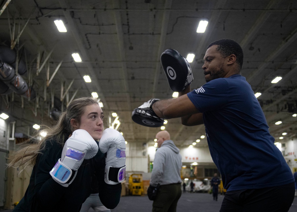 USS Gerald R. Ford (CVN 78) Sailors practice boxing