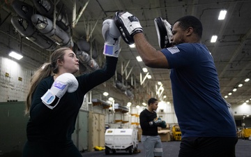 USS Gerald R. Ford (CVN 78) Sailors practice boxing