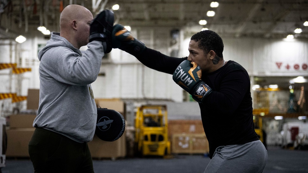 USS Gerald R. Ford (CVN 78) Sailors practice boxing