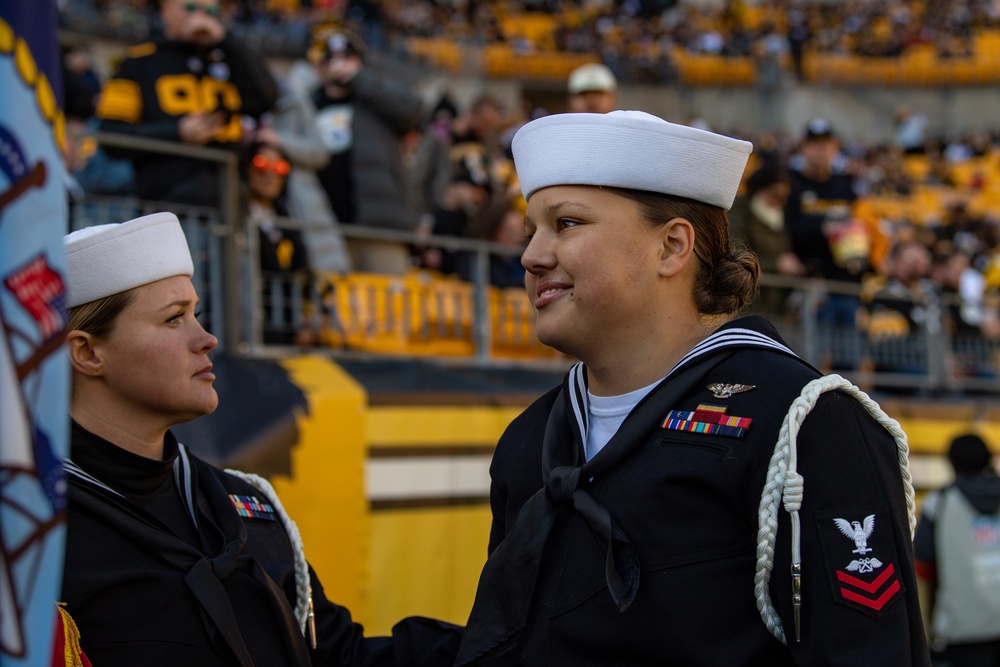 USS John C. Stennis (CVN 74) Colorguard presents colors at Steelers versus Browns