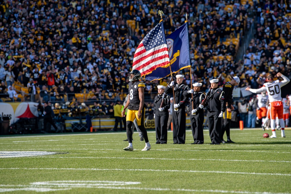 USS John C. Stennis (CVN 74) Colorguard presents colors at Steelers versus Browns