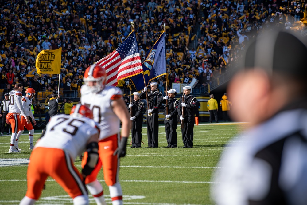 USS John C. Stennis (CVN 74) Colorguard presents colors at Steelers versus Browns