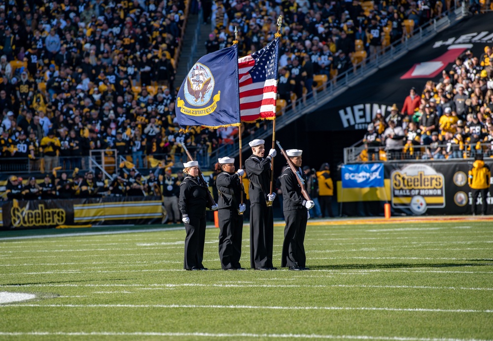 USS John C. Stennis (CVN 74) Colorguard presents colors at Steelers versus Browns