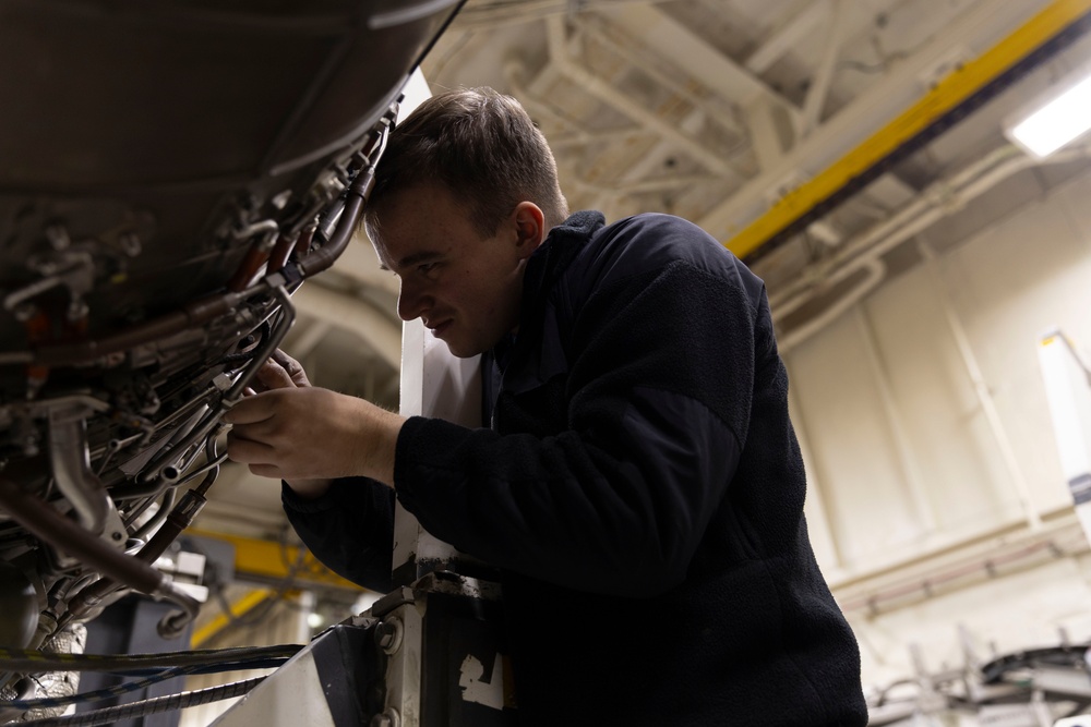 USS Gerald R. Ford (CVN 78) Sailors conduct engine maintenance