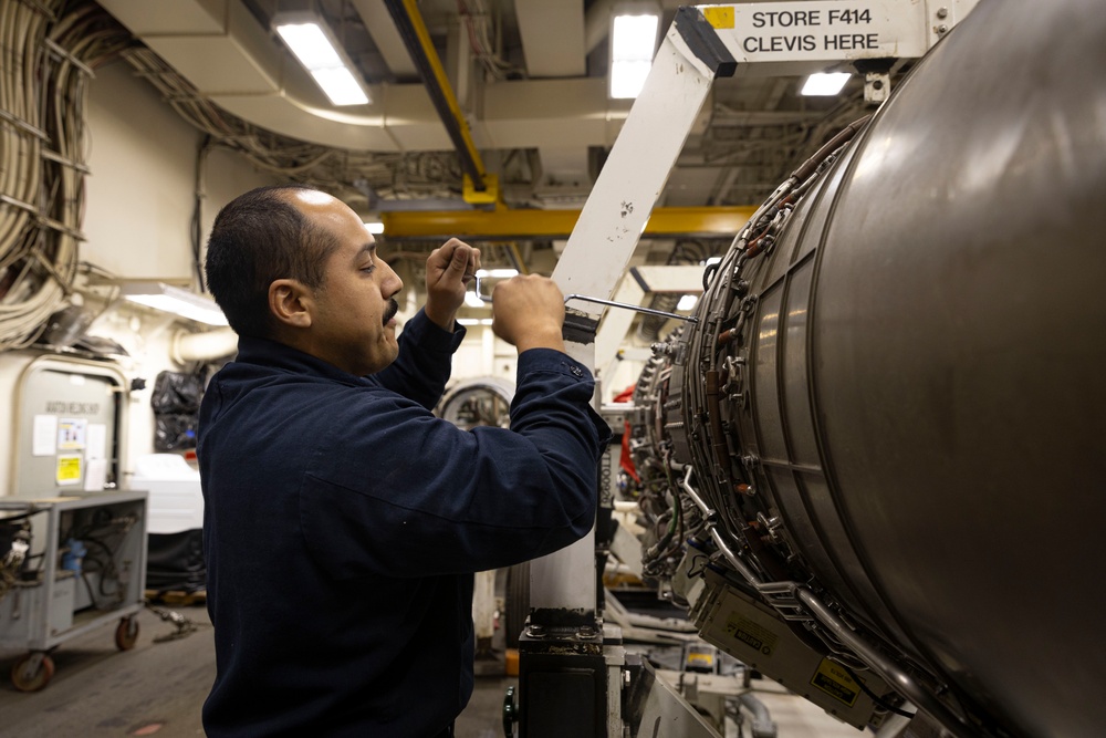 USS Gerald R. Ford (CVN 78) Sailor conducts engine maintenance