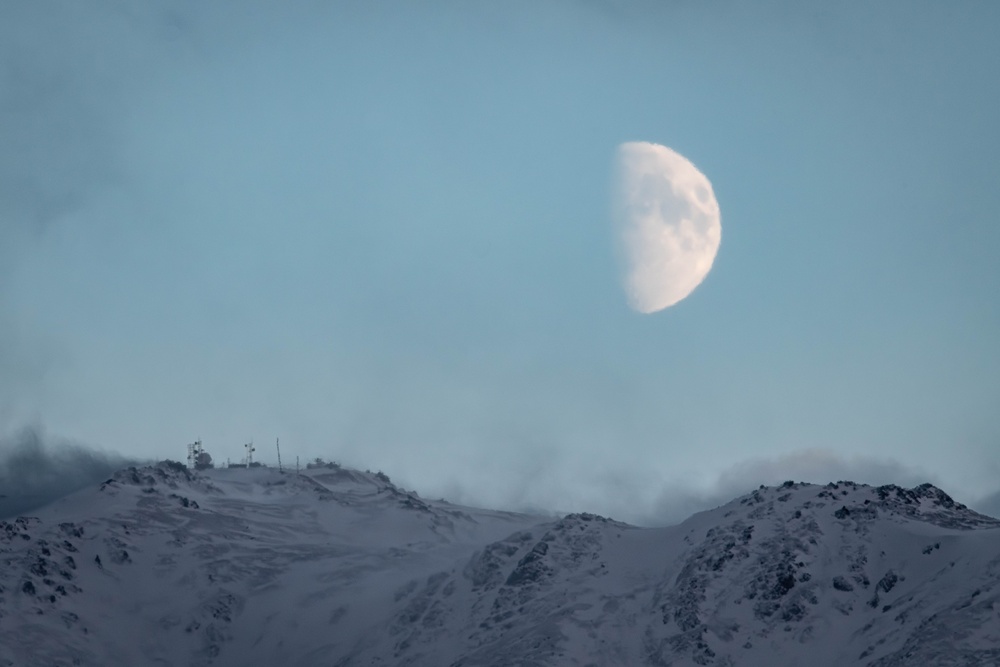 Moon rises over an Alaskan Cold War relic