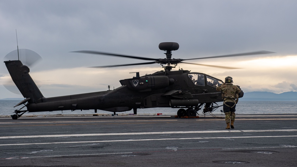 USS Ronald Reagan (CVN 76) conducts joint flight deck operations with the U.S. Army